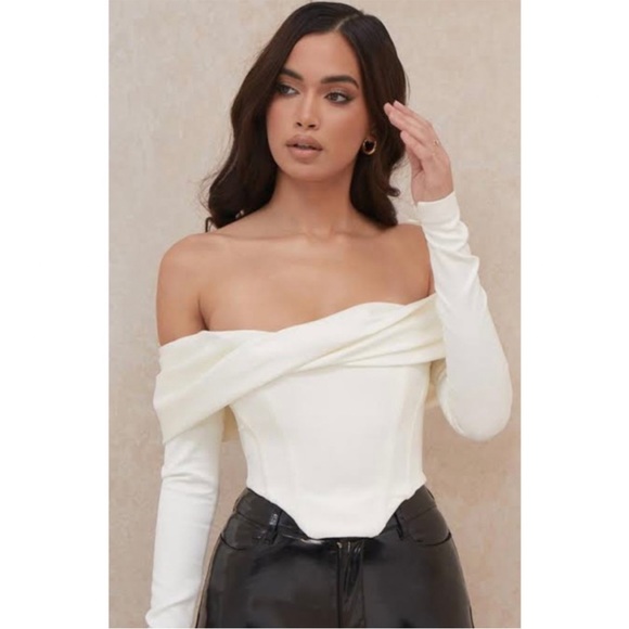 House of CB ‘Evita’ Ivory Satin Off Shoulder Draped Corset NWOT - Picture 2 of 13